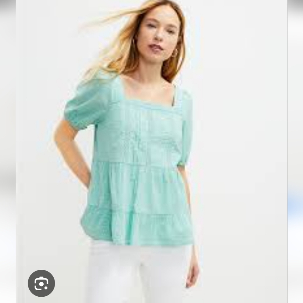 LOFT Dotted Light Green Lacy Tiered Square Neck Short Sleeve Top - Large